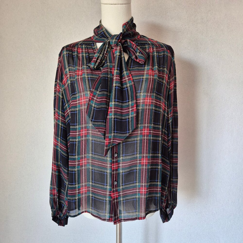 Polo by Ralph Lauren Black Navy Red Plaid Tie-Neck Blouse